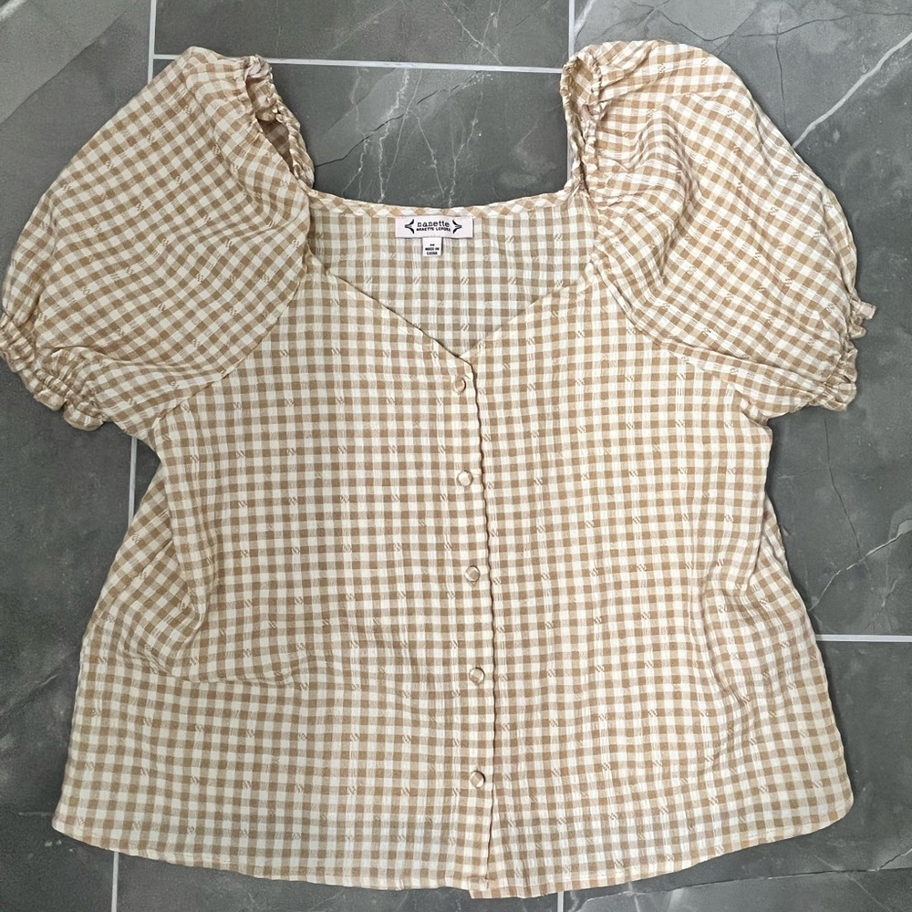 Nanette Brown and White Puff Sleeve Blouse